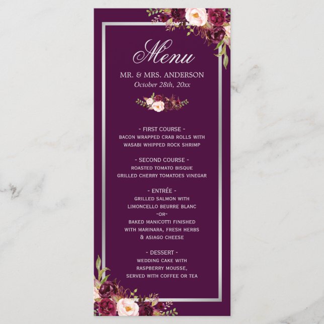 Plum Purple Floral Silver Gray Wedding Menu Card (Front)