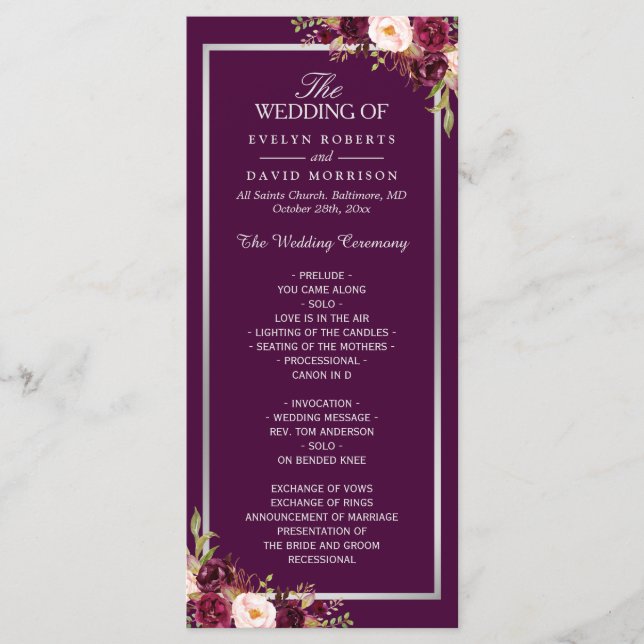 Plum Purple Floral Silver Gray Wedding Program (Front)