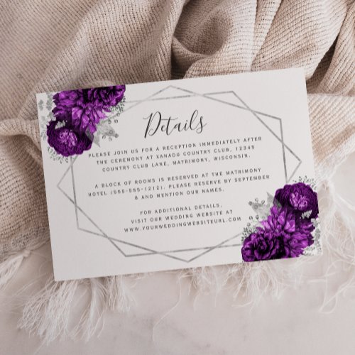 Plum Purple Floral Silver Wedding Details Enclosure Card