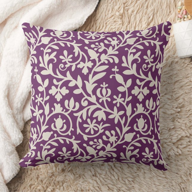 Plum Purple Floral Vines Patten Throw Pillow (Blanket)