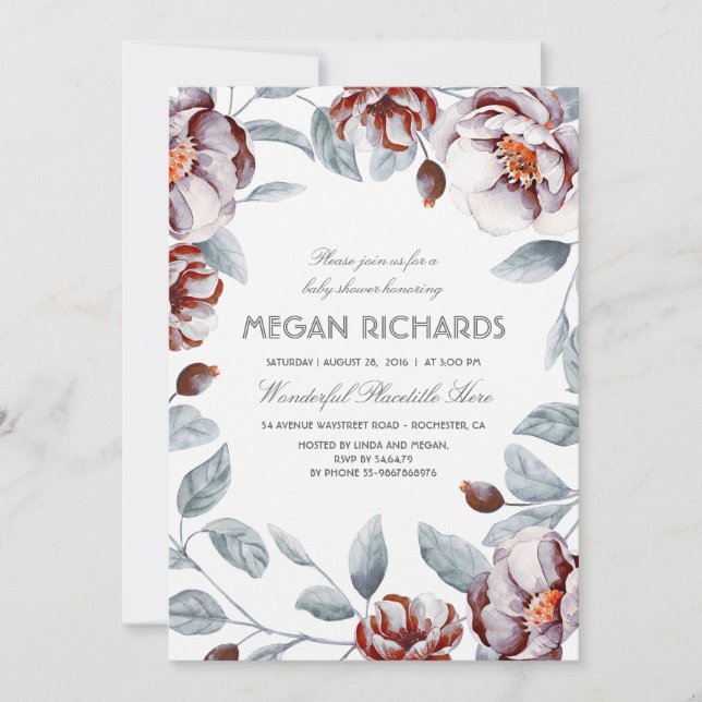 Plum Purple Floral Watercolor Boho Baby Shower Invitation (Front)