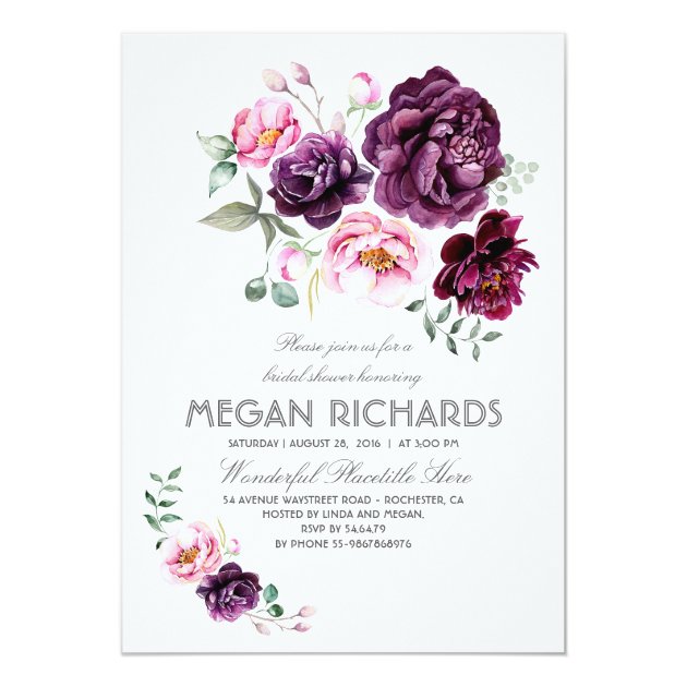 Plum Purple Floral Watercolor Boho Bridal Shower Invitation