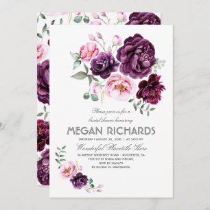 Plum Purple Floral Watercolor Boho Bridal Shower Invitation