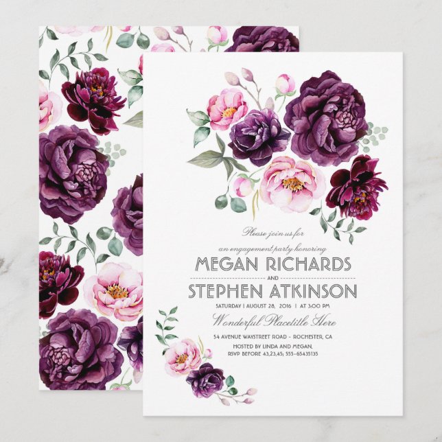 Plum Purple Floral Watercolor Engagement Party Invitation (Front/Back)