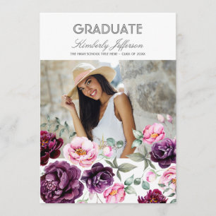 Plum Purple Floral Watercolor Photo Graduation Invitation