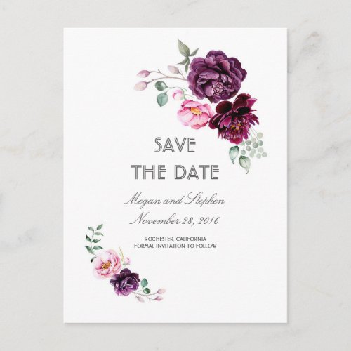 Plum Purple Floral Watercolors Save the Date Announcement Postcard