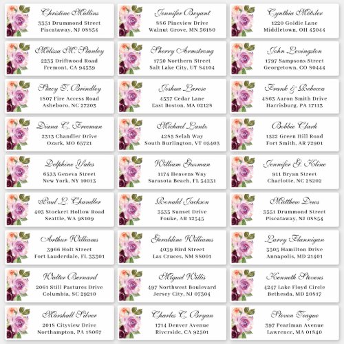 Plum Purple Floral Wedding Guest Address Sticker - Plum Purple Floral Wedding Guest Sticker - Personalized Address Label. 
(1) Single Label Size: around 4.25" x 1.25" in the 14" x 14" sticker.
(2) You are able to enter up to 27 guests addresses. 
(3) It takes a while to update the preview.
(4) Double check before adding it to your cart.
(5) For further customization, please click the "customize further" link and use our design tool to modify this template.