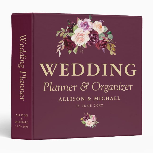 plum purple floral wedding planner 3 ring binder (Front/Spine)