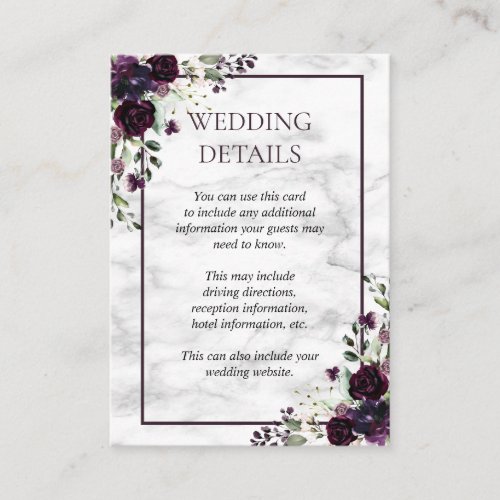 Plum Purple Flower Marble Fall Wedding Details Enclosure Card