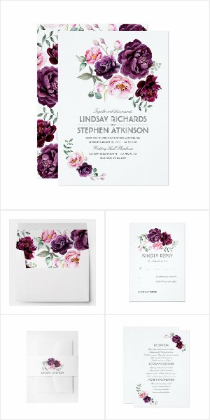 Plum Purple Flowers Bouquet Wedding Invitation Set