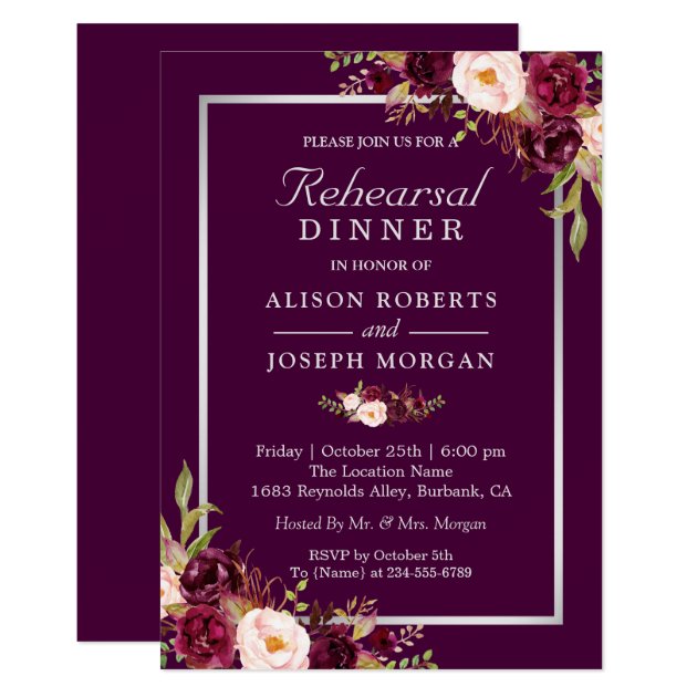 Plum Purple Flowers Chic Wedding Rehearsal Dinner Invitation