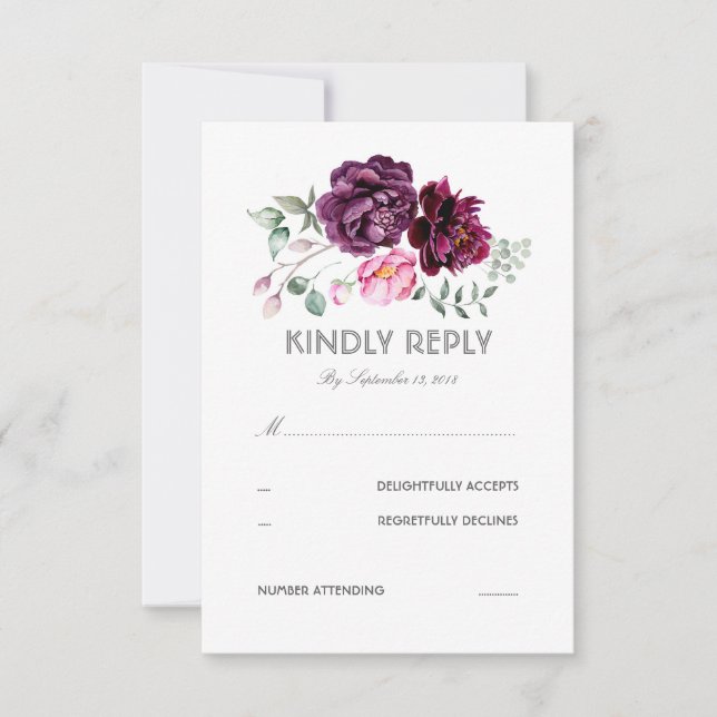 Plum Purple Flowers Watercolor Wedding RSVP Card (Front)