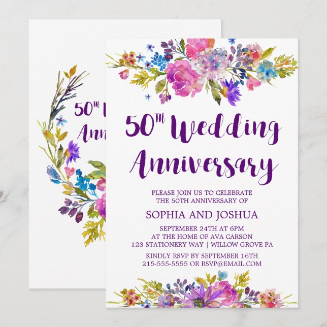 Plum Purple Garden 50th Wedding Anniversary Party Invitation (Front/Back)