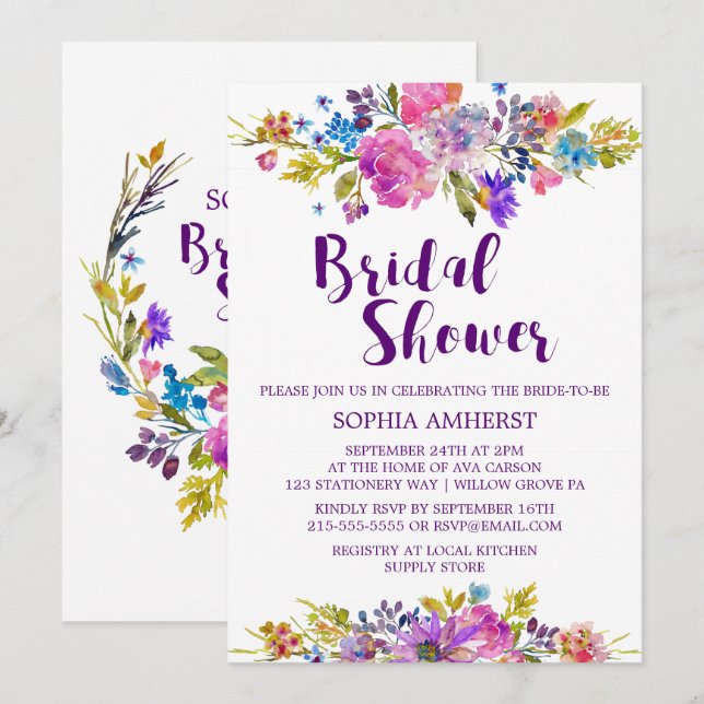 Plum Purple Garden Bridal Shower Invitation Card (Front/Back)