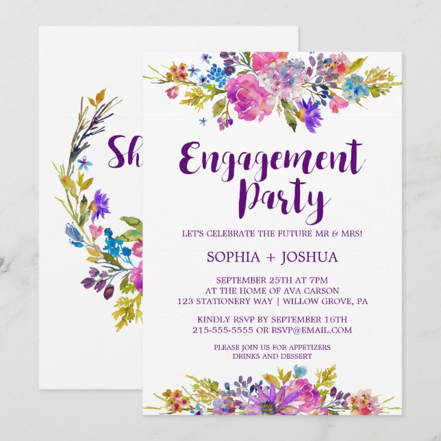 Plum Purple Garden Engagement Party Invitation (Front/Back)