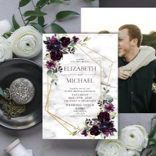 Plum Purple Geometric Marble Floral Photo Wedding Invitation
