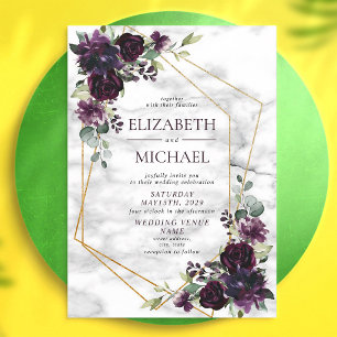 Plum Purple Geometric Marble Floral Wedding Invitation