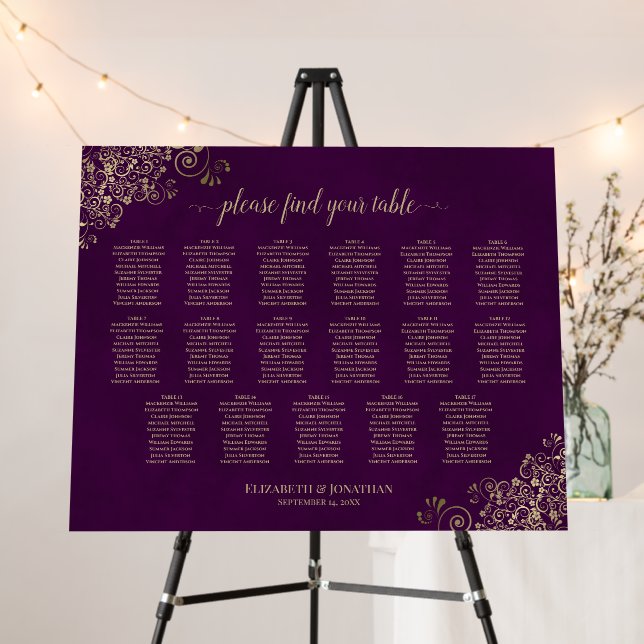 Plum Purple & Gold 17 Table Wedding Seating Chart Foam Board (In Situ (Stand))