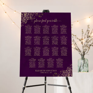 Plum Purple & Gold 19 Table Wedding Seating Chart Foam Board