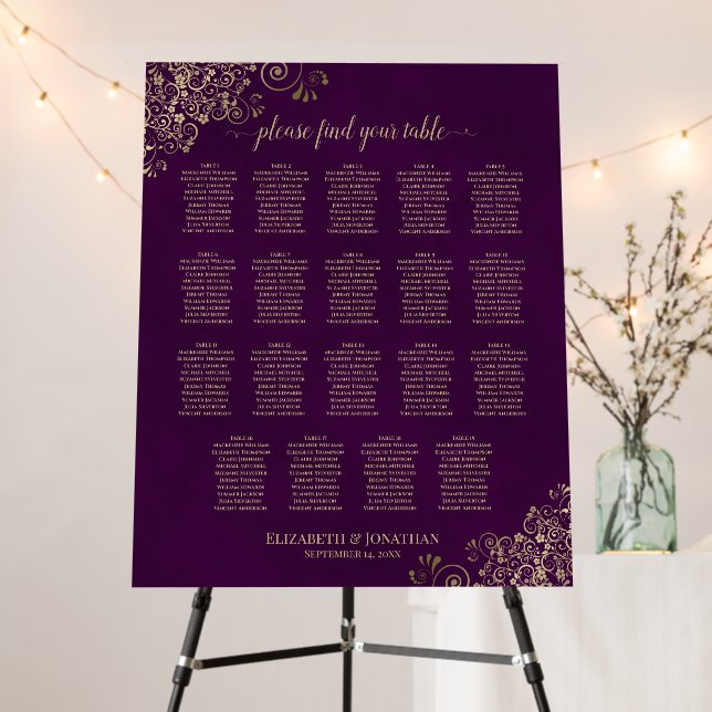 Plum Purple & Gold 19 Table Wedding Seating Chart Foam Board (In Situ (Stand))