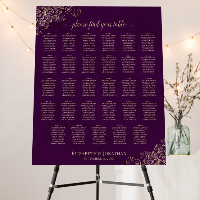 Plum Purple & Gold 29 Table Wedding Seating Chart Foam Board (In Situ (Stand))
