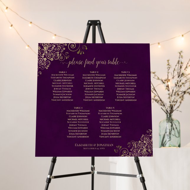 Plum Purple & Gold 5 Table Wedding Seating Chart Foam Board (In Situ (Stand))