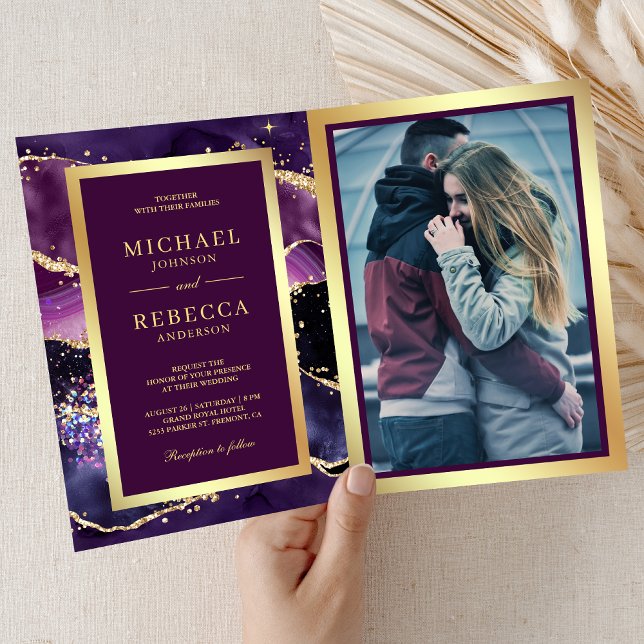 Plum Purple Gold Agate Marble QR Code Wedding Invitation (Creator Uploaded)