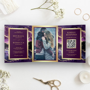 Plum Purple Gold Agate Marble QR Code Wedding Tri-Fold Invitation