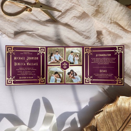 Plum Purple Gold Art Deco Photo Collage Wedding Tri_Fold Invitation