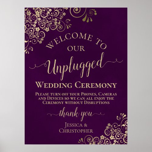 Plum Purple  Gold Chic Unplugged Wedding Ceremony Poster