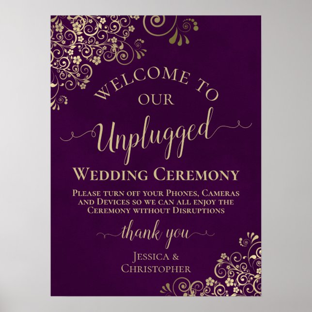 Plum Purple & Gold Chic Unplugged Wedding Ceremony Poster (Front)