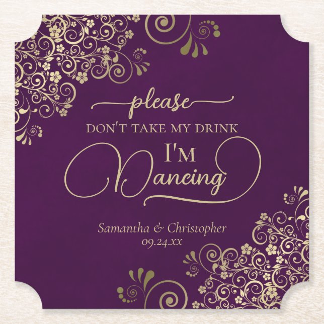 Plum Purple & Gold Don't Take My Drink Wedding Paper Coaster (Front)