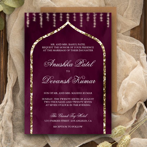 Plum Purple Gold Ethnic Indian Arch Wedding Invitation