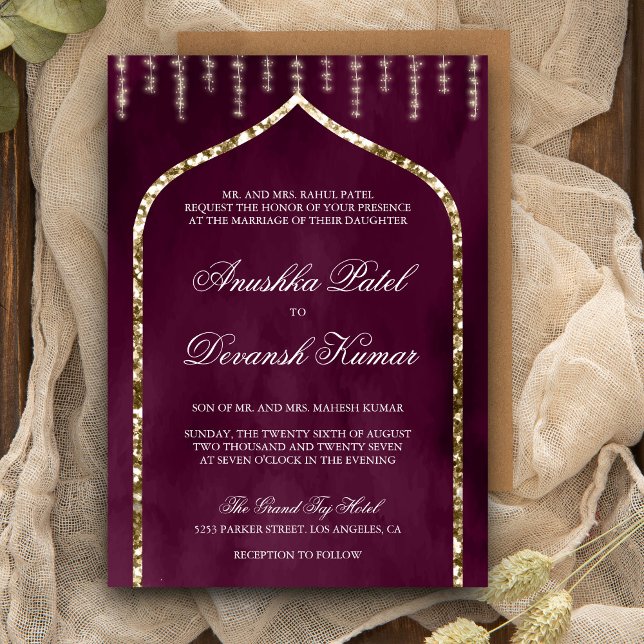 Plum Purple Gold Ethnic Indian Arch Wedding Invitation (Creator Uploaded)