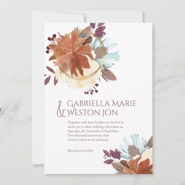 Plum Purple Gold Fall Themed Wedding Invitation (Front)