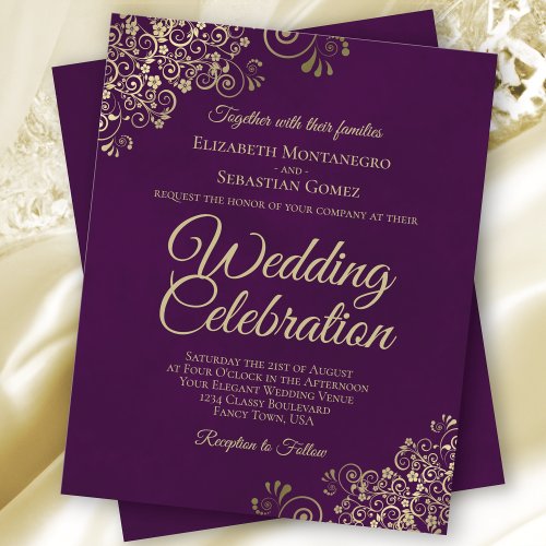 Plum Purple  Gold Fancy BUDGET Wedding Invitation