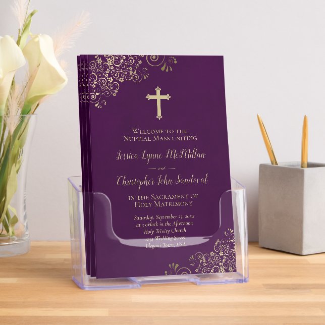 Plum Purple & Gold Fancy Catholic Wedding Program Brochure (Insitu)