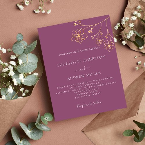 Plum purple gold floral budget wedding invitation