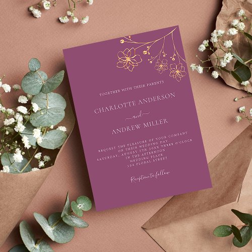 Plum purple gold floral elegant botanical wedding invitation