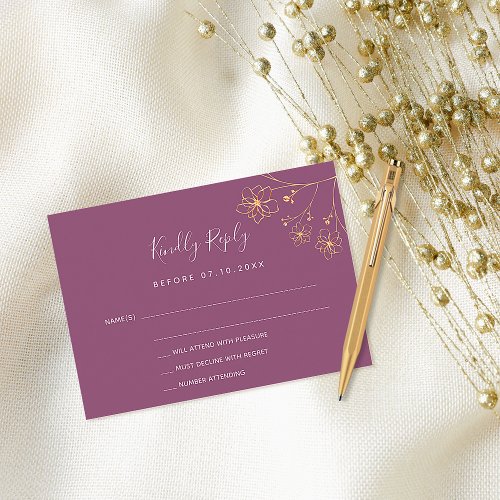 Plum purple gold floral elegant wedding RSVP Note Card