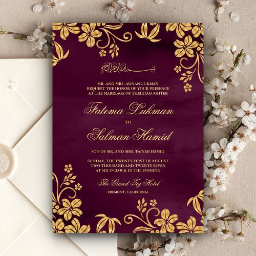 Plum Purple Gold Floral Islamic Muslim Wedding Invitation