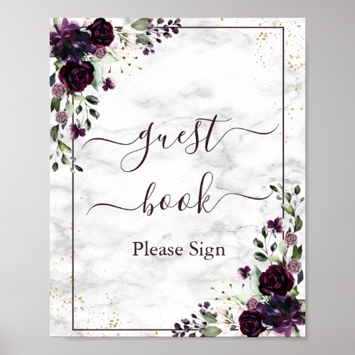 Plum Purple Gold Floral Marble Guest Book Sign