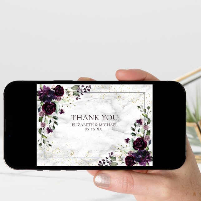 Plum Purple Gold Floral Photo Wedding Thank You Card (Front Digital)