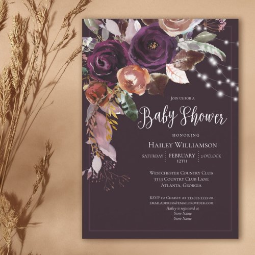 Plum Purple Gold Floral String Light Baby Shower Invitation