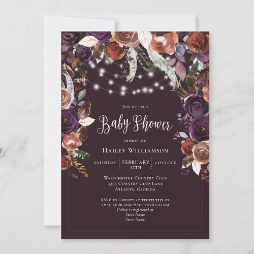 Plum Purple Gold Floral String Light Baby Shower Invitation