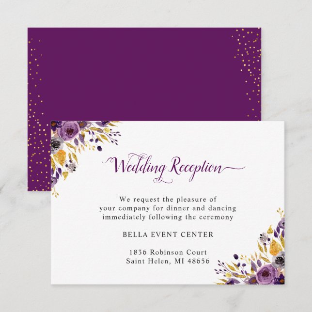 Plum Purple Gold Floral Wedding Reception Details Invitation (Front/Back)