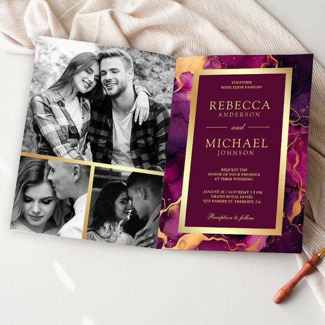 Plum Purple Gold Fluid Ink QR Code Wedding Invitation (Creator Uploaded)