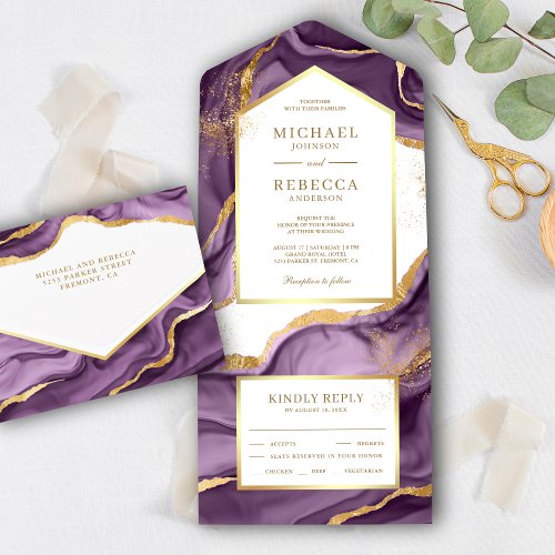 Plum Purple Gold Foil Abstract Fluid Ink Wedding All In One Invitation