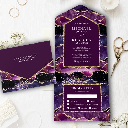 Plum Purple Gold Glitter Agate Marble Wedding All In One Invitation