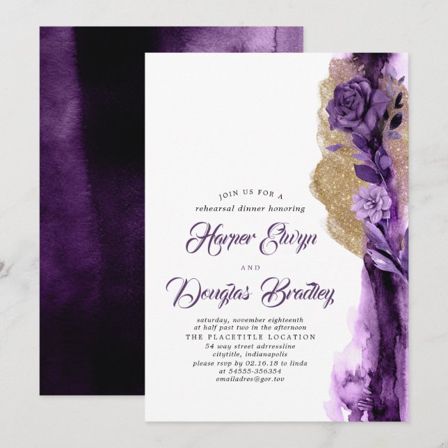 Plum Purple & Gold Glitter Floral Rehearsal Dinner Invitation (Front/Back)